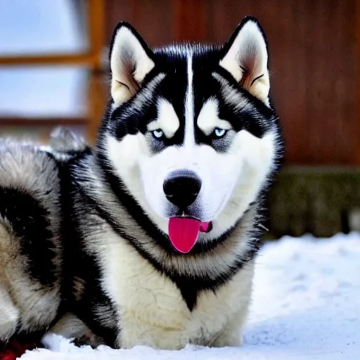 Prompt: a siberian husky with heterochromia eating a pile of shit