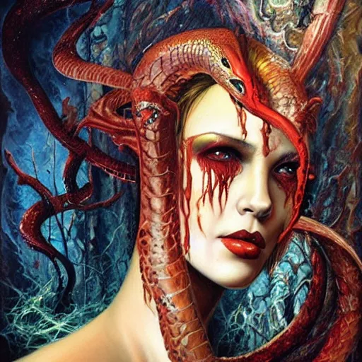 Prompt: a horrific evil demon and a serpent, ethereal, painting by karol bak