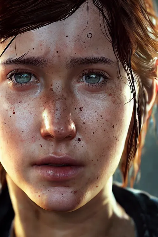 Image similar to ultra realistic facial portrait of ellie from the last of us part 2, digital art, character portrait, highly detailed, trending on artstation, lens flare, atmosphere, hyper realistic, cinematic lightning, sharp focus, unreal engine 5, extreme details perfect face, pretty face, fine - face, illustration, 8 k, ultra texture, masterpiece