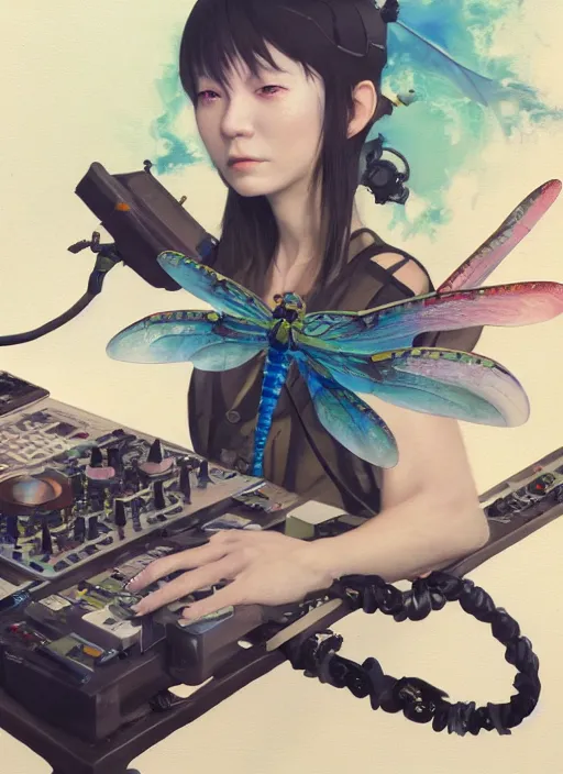 Image similar to surreal gouache painting, by yoshitaka amano, by ruan jia, by Conrad roset, by good smile company, detailed anime 3d render of a magical Dragonfly flying on a DJ Mixer, deck, mpc, portrait, cgsociety, artstation, rococo mechanical and electronic, dieselpunk atmosphere