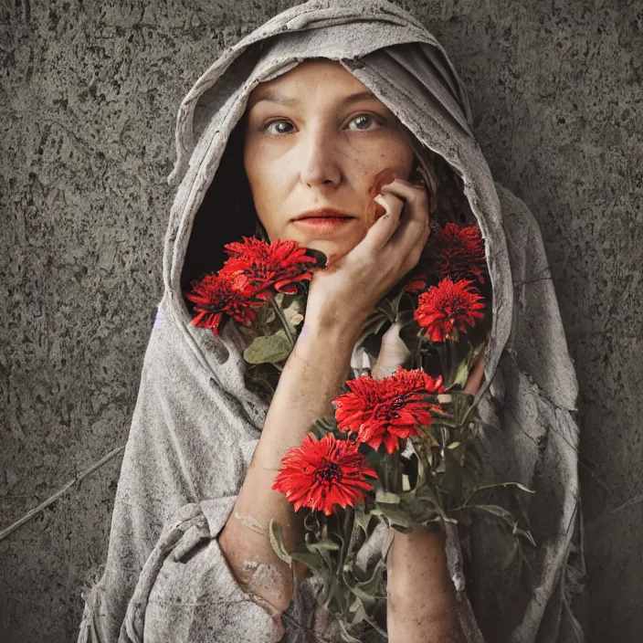 Image similar to a closeup portrait of a woman wearing a hooded cloak made of zinnias and barbed wire, in a derelict house, by Erik Almas, natural light, detailed face, CANON Eos C300, ƒ1.8, 35mm, 8K, medium-format print