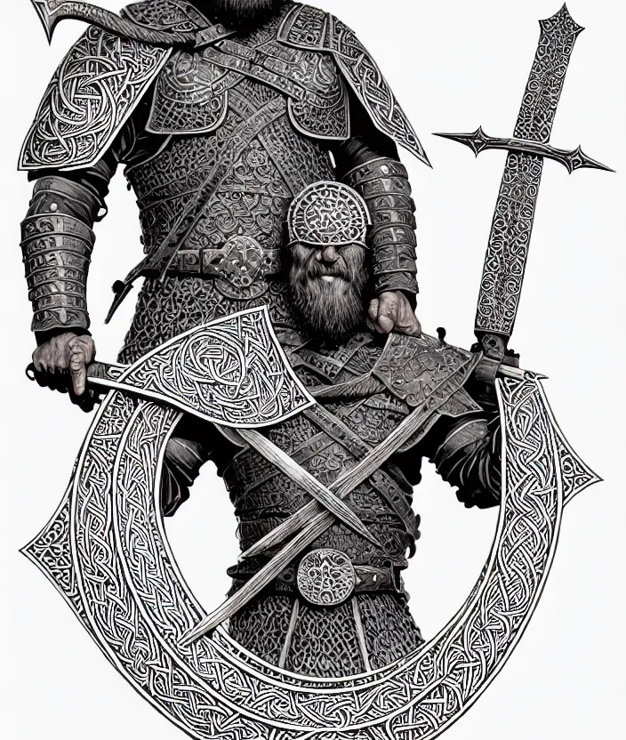 Prompt: shaded, minimalist, knotwork with center viking warrior, extremely detailed, bold line art, by vincent di fate and joe fenton and artgerm, holding shield and sword, centered, inking, etching, screen print, inkblots of color, masterpiece, trending on artstation, sharp, high contrast, hyper realistic, hd, 4 k, 8 k