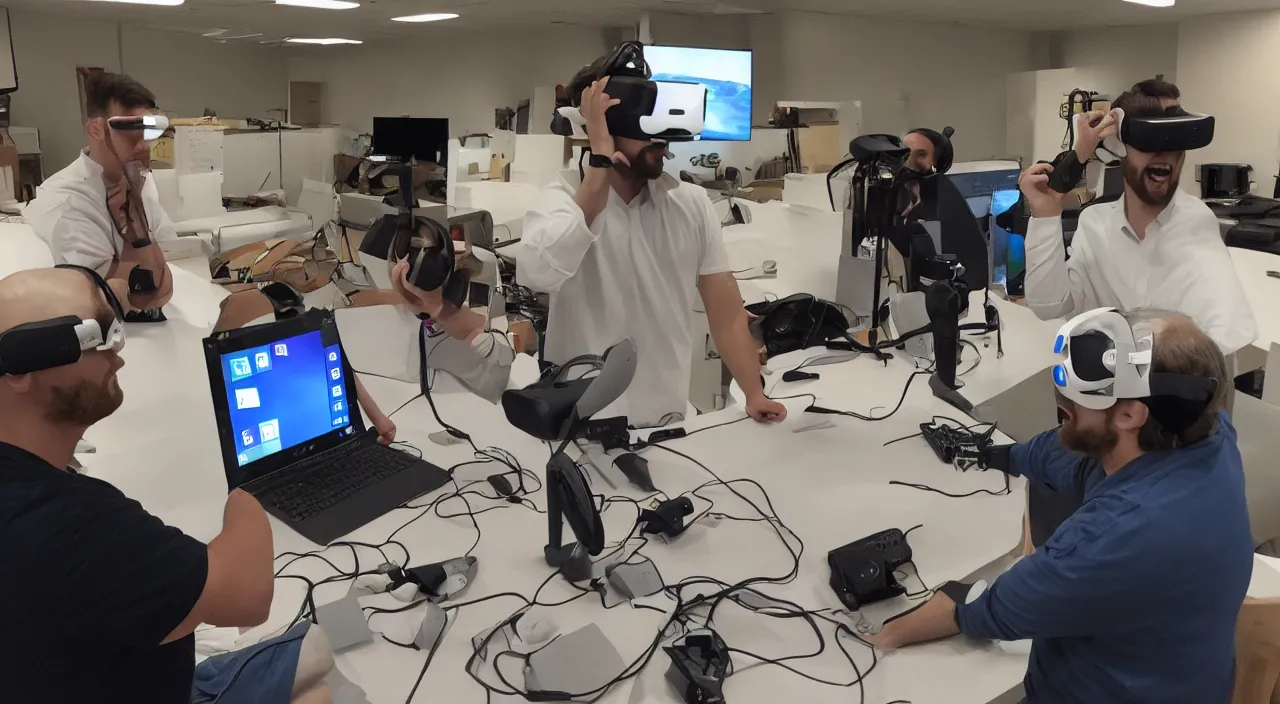 Image similar to Jesus Christ teaching his disciples how to install Windows 11 using VR. Photo realistic.