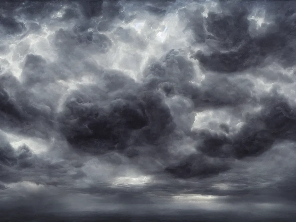 Image similar to very detailed, dark super storm, hyper realistic david holland clouds, impressive, magical, very atmospheric, fog, cinematic, deep, very high complexity, stunning, dramatic masterpiece, iridescent, chiaroscuro, in the style of laura den hertog and michael creese, very detailed. 4 k