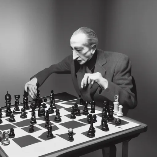 Image similar to filmstill of Marcel Duchamp playing chess against a futuristic machine, long exposure, minimal composition, packshot, archival pigment print