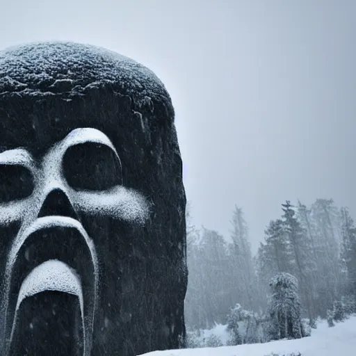 Image similar to a monolithic monster in a taiga. snowing, grainy, overcast sky.