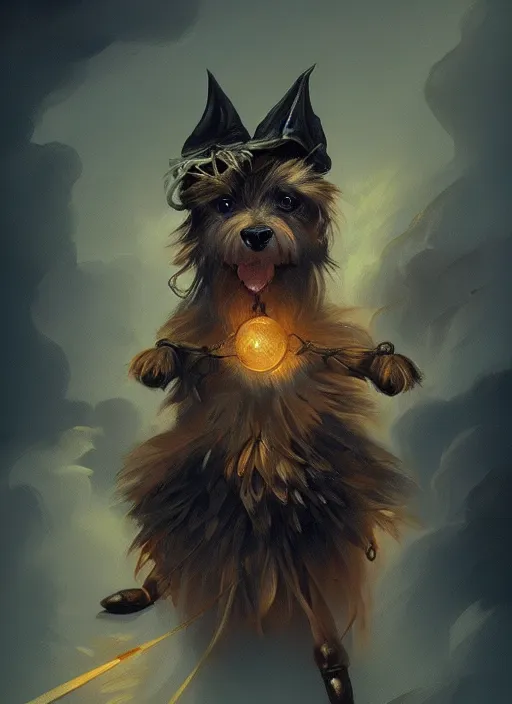 Image similar to norwich terrier as an witch, backround dark, highly detailed, digital illustration, trending in artstation, modern painting, smooth, sharp focus, intricate, by peter mohrbacher