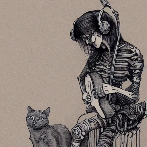 Image similar to skeleton wearing headphones, watching girl playing guitar while her black cat standing next to her, detailed intricate ink illustration, dark atmosphere, detailed illustration, hd, 4k, digital art, overdetailed art, by greg rutkowski, by loish, complementing colors, Trending on artstation