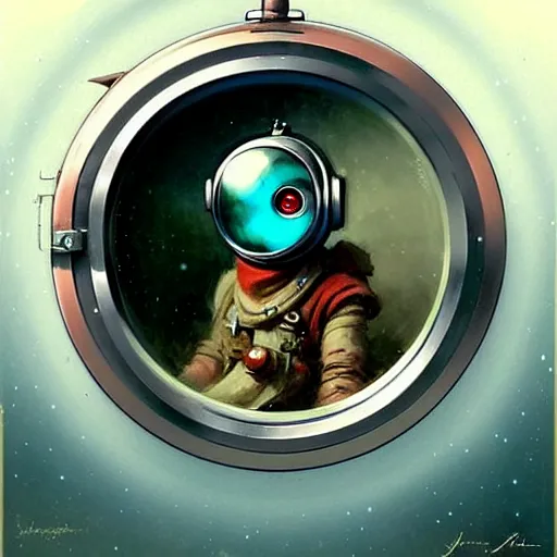 Image similar to adventurer ( ( ( ( ( 1 9 5 0 s retro future robot android time porthole portal window. muted colors. ) ) ) ) ) by jean baptiste monge!!!!!!!!!!!!!!!!!!!!!!!!! chrome red