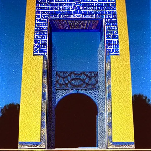 Prompt: A portal to a luminous dimension, the portal is shaped like the Ishtar Gate, Ishtar Gate, mesopotamic, fantasy, magic portal, art by James Gurney, James Gurney, 8K