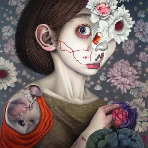 Image similar to A beautiful body art. human technology that had become haunted, possessed by quick, gleaming cleverness. chiaroscuro by Hikari Shimoda dreary