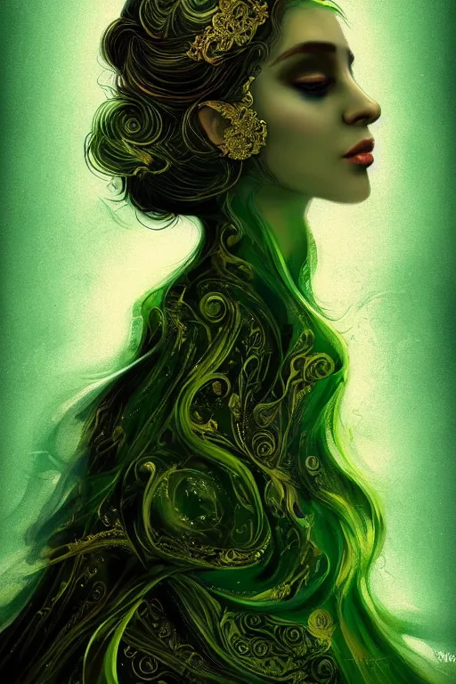 Image similar to a magic the gattering portrait illustration of a woman , fantasy, gradient black green gold, dreamy and ethereal, green eyes, golden ratio, peaceful expression, ornate frilly dress, fantasy, intricate, elegant, ghost, etearal, highly detailed, digital painting, artstation, concept art, smooth,b sharp focus, illustration, art by scott fisher AND artbreeder