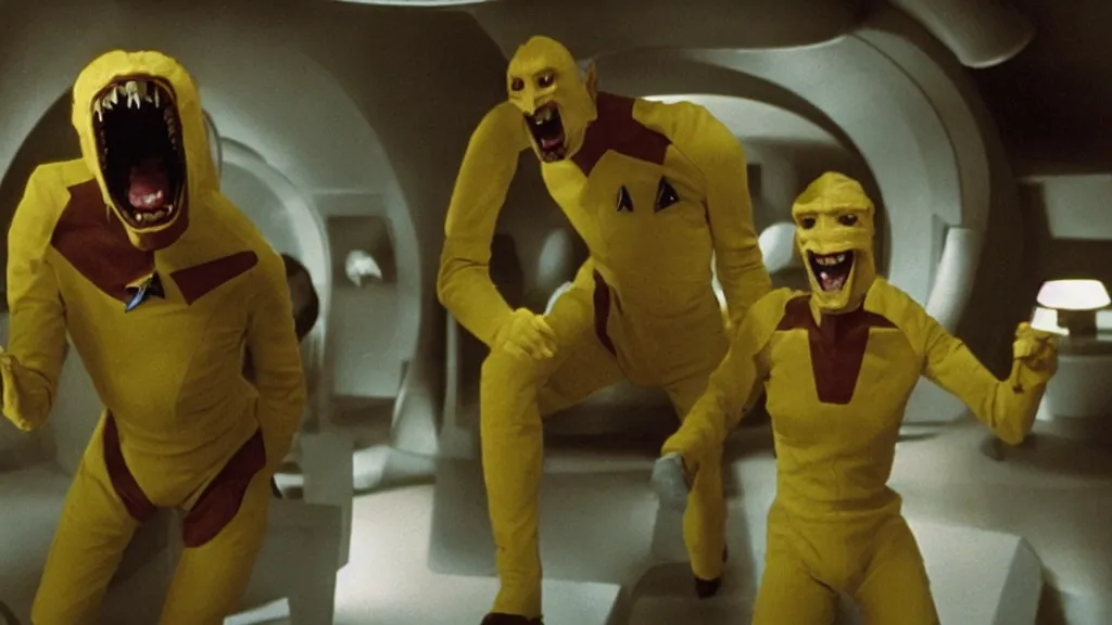 Image similar to giant monsters made of bananas and sharp teeth eating people, star trek, film still from a movie directed by Denis Villeneuve with art direction by Salvador Dalí, wide lens