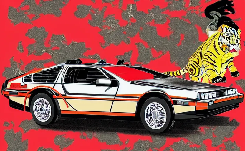 Prompt: a red delorean x a yellow tiger, art by hsiao - ron cheng & utagawa kunisada in magazine collage style,