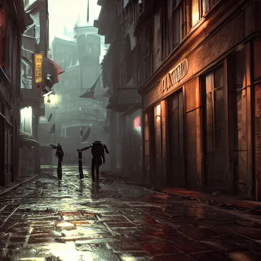 Prompt: corvo attano and asuka langley roaming dunwall streets, dunwall city, redshift render, cinematic lighting, rainy weather, melancholy atmosphere, dunwall city, volumetric light, octane render, dishonored game, dishonored 1, gothic architecture, realistic reflections, octane render 8 k