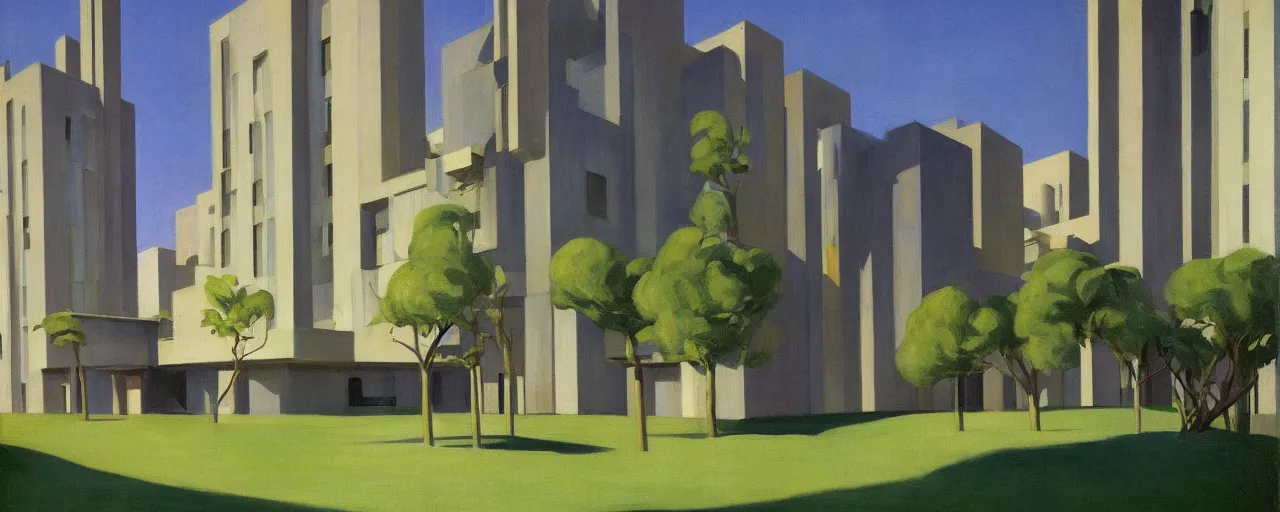 Image similar to futuristic brutalist apartments with trees and plants, edward hopper