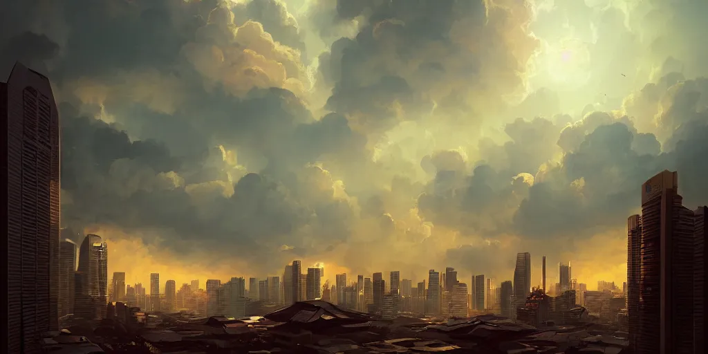 Image similar to Singapore city with a (lion-shaped cloud) in the sky, by greg rutkowski, red and white lighting, digital art, ultra realistic, ultra detailed, photorealistic, 4k, character concept