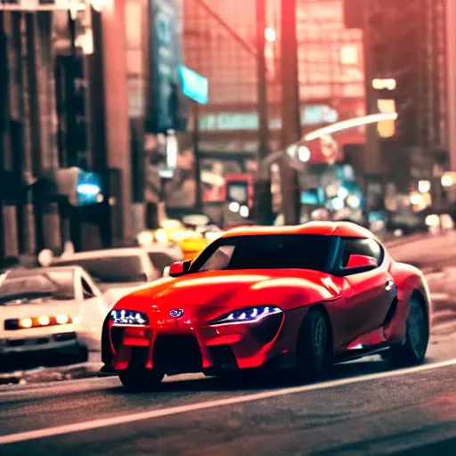 Image similar to still of a toyota supra on the road in New York, action shot, 85mm, night city, anime, cell shaded, in the spotlight