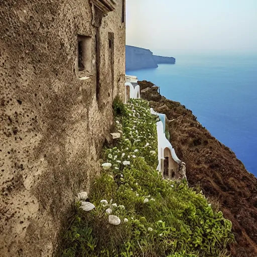 Prompt: overgrown abandoned ruins of santorini, national geographic