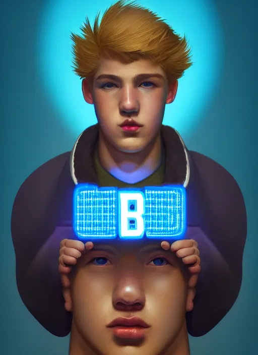 Image similar to portrait of high school senior boy named big moose, blonde short hair, jock, beefy, wide face, square jaw, square facial structure, blue varsity jacket with letter r, intricate, elegant, glowing lights, highly detailed, digital painting, artstation, concept art, sharp focus, illustration, art by wlop, mars ravelo and greg rutkowski