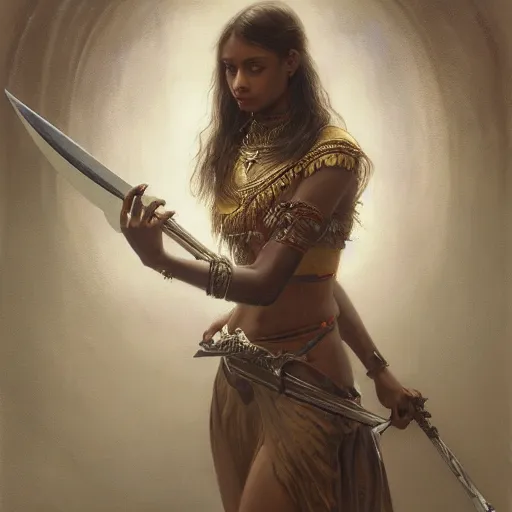 Image similar to artstation concept of a beautiful girl holding a sword in both hands, brown skin, symmetrical face, casual white garment, shiny colorful, hyperdetailed, artstation trending, world renowned artists, worth1000.com, historic artworks society, antique renewel, cgsociety, by greg rutkowski, by Gustave Dore, Deviantart