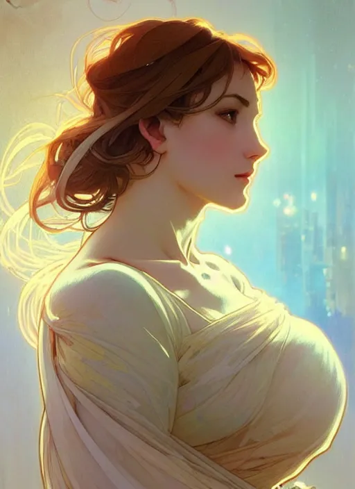 Image similar to digital character concept art by artgerm and greg rutkowski and alphonse mucha. clear portrait of a modern shy wife blessed by god to unstoppably grow more perfect and fertile!! blonde, in clothes! holy full - figured! light effect. hyper detailed, glowing lights!! intricate, elegant, digital painting, artstation, smooth, sharp focus
