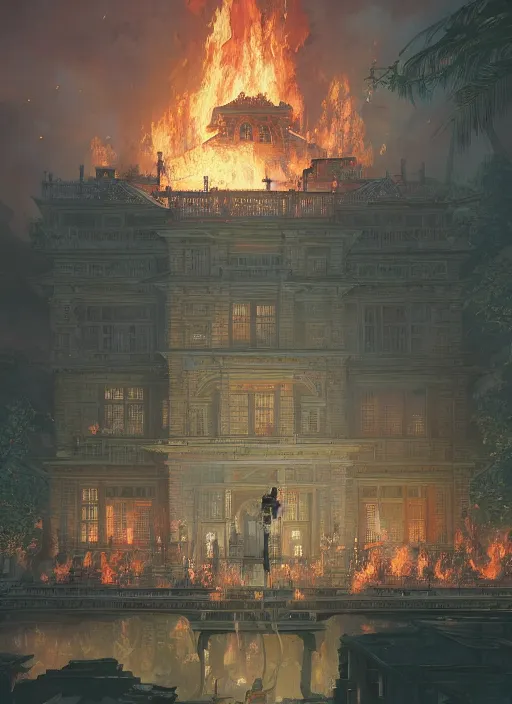 Image similar to highly detailed image of ferdinand marcos burning in malacanang palace, stephen bliss, unreal engine, fantasy art by greg rutkowski, loish, rhads, ferdinand knab, makoto shinkai and lois van baarle, ilya kuvshinov, rossdraws, tom bagshaw, alphonse mucha, global illumination, radiant light, detailed and intricate environment