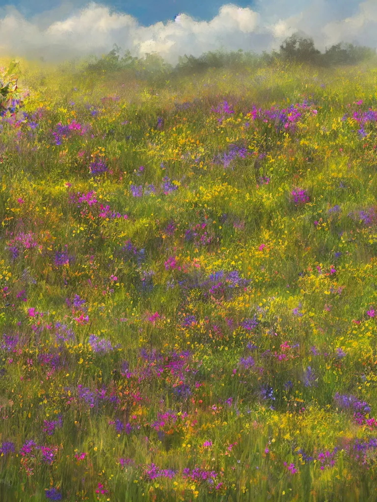 Image similar to running through the wildflowers by disney concept artists, blunt borders, rule of thirds, golden ratio, godly light