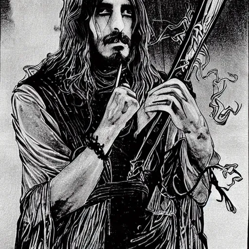 Prompt: pen and ink!!!! attractive 22 year old Frank Zappa x Jared Leto golden Vagabond magic swordsman glides through a beautiful battlefield magic the gathering dramatic esoteric!!!!!! pen and ink!!!!! illustrated in high detail!!!!!!!! by Hiroya Oku!!!!! Written by Wes Anderson graphic novel published on shonen jump 2002 award winning!!!!