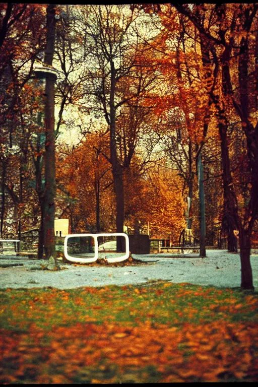 Image similar to a lomographic photo of abandoned playground of moscow, autumn, cinestill, bokeh
