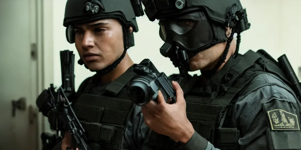 Image similar to vfx film, swat team squad crew, breach and clear, gang house, flat color profile low - key lighting award winning photography arri alexa cinematography, cinematic beautiful natural skin, famous face, atmospheric cool color - grade