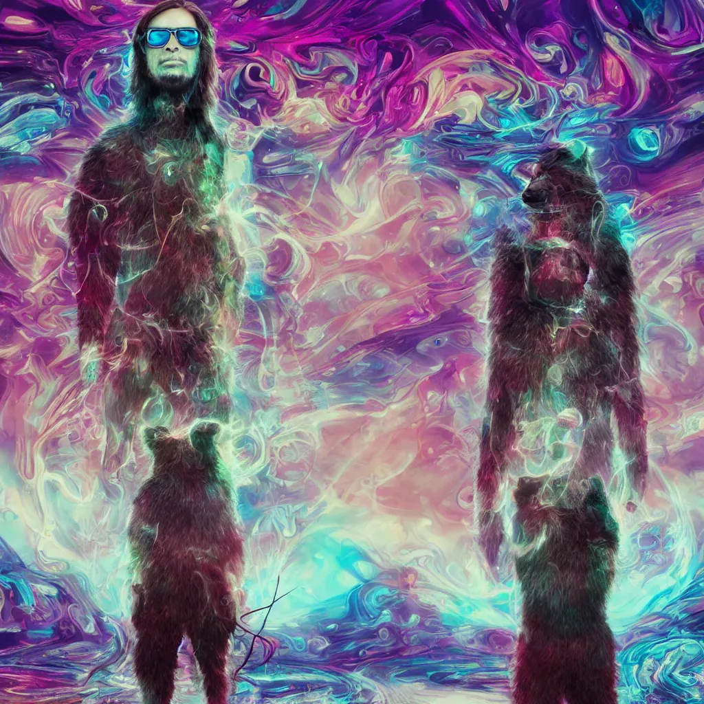 Prompt: a mistic man with long hair bear and dark glasses in a psychedelic metaverse, 16 K 3D ultrarealistic futuristic utopian and dystopian art, cry engine