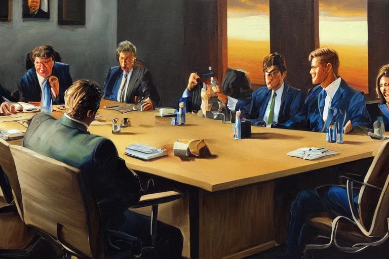 Image similar to the hulk wearing a business suit sitting at a table in a corporate board meeting, oil on canvas, intricate, full scene, 8 k highly professionally detailed, hdr, joe jusko