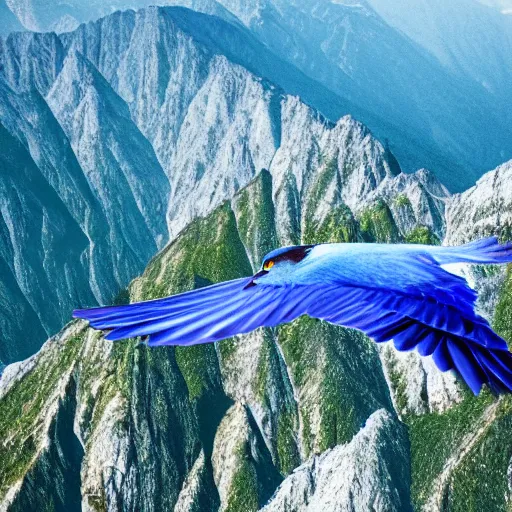 Image similar to blue bird flying over large mountains, photography, national geographic, hyper realistic, top down