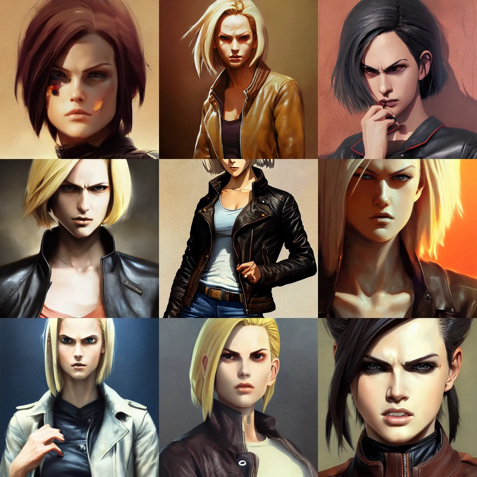 Prompt: android 1 8 in a leather jacket, digital art, pretty face, very beautiful face, highly detailed, by greg rutkowski, wlop,