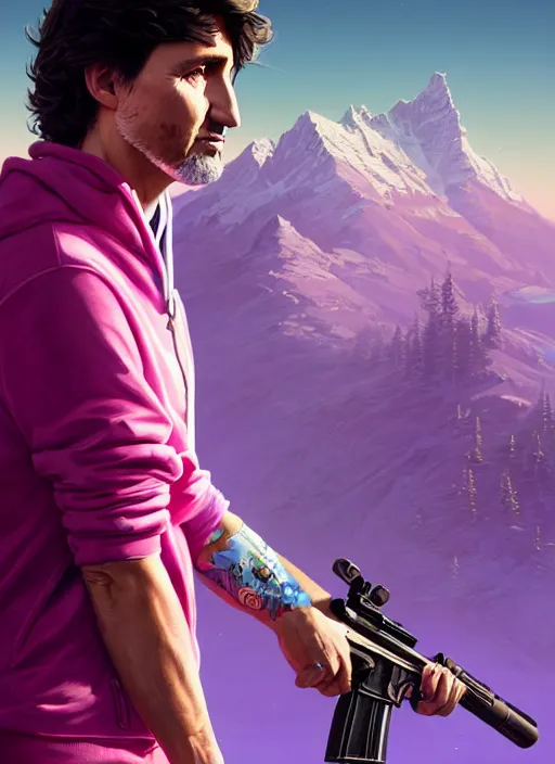 Image similar to highly detailed portrait justin trudeau in ( ( pink hoody rainbow socks ) ) holding ar - 1 5! in gta v stephen bliss unreal engine fantasy art by greg rutkowski loish rhads ferdinand knab makoto shinkai lois van baarle ilya kuvshinov rossdraws tom bagshaw global illumination radiant light detailed intricate environment