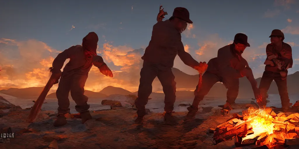 Image similar to indegenous people making fire, andean sunset, unreal 5, hyperrealistic, realistic, photorealistic, dynamic lighting, highly detailed, cinematic landscape, studio landscape, studio lighting