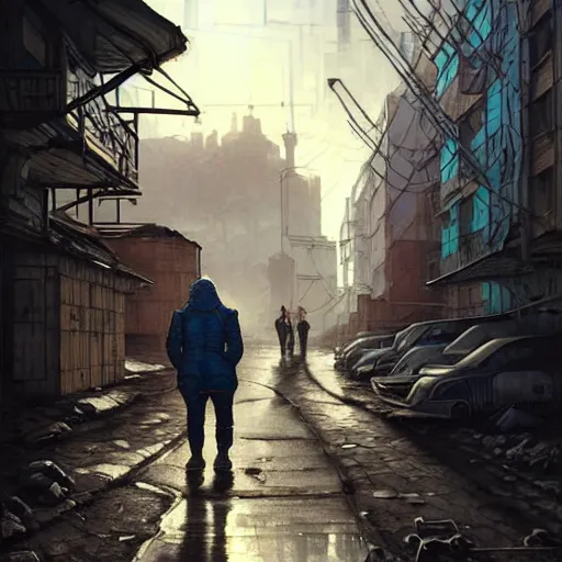 Image similar to A cyberpunk gopnik on the street of a Soviet slum on the moon, Norilsk, sci-fi, fantasy, intricate, very very beautiful, by Evgeny Zubvkov, elegant, highly detailed, digital painting, artstation, concept art, smooth, sharp focus, illustration, art by artgerm and greg rutkowski and alphonse mucha