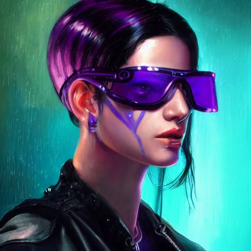 Image similar to very detailed masterpiece closeup painting of a very beautiful young mexican cyberpunk woman with blue shutter shades, one side haircut, dark purple hair, purple leather jacket, cyberpunk background, purple lighting, raining, portrait, artstation, concept art by greg rutkowski