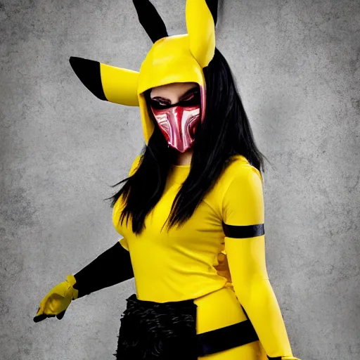 Prompt: woman dressed up as mortal kombat pikachu, cosplay, fashion portrait by Bruce Webber