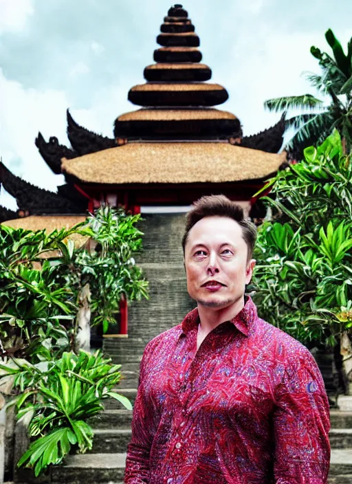 Prompt: elon musk wearing batik bali in bali. temple background. front view. instagram holiday photo shoot, perfect faces, corrected faces, 3 5 mm, award winning photography