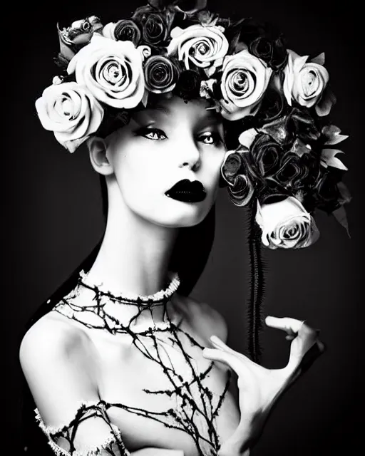 Image similar to dreamy surreal poetic black and white photo of a beautiful young female-cyborg-plant with a very long neck and a super big gothic lace collar and a very high big floral crown with many black dry roses by Vivienne Westwood:: smoke, high fashion, haute couture, rococo, avant-garde, elegant, dreamy, hyper realistic, 150 mm lens, soft rim light, octane render, unreal engine, picture was taken in 1910 by Dora Maar, volumetric lighting, dramatic light,8k,