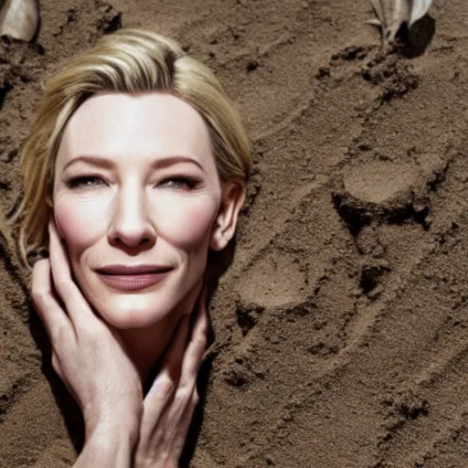 Image similar to portrait of cate blanchett drawn in the sand