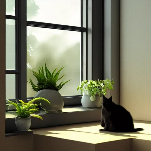 Image similar to peaceful dreamy painting of a content black cat sitting by a window, sunshine coming through the window, small plants on the window sill, 8k, hyper realism, trending on artstation, octane render