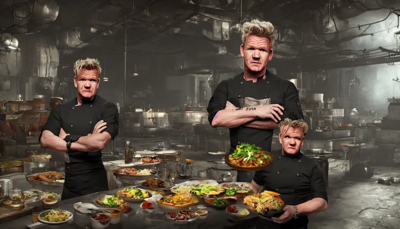 Image similar to gordon ramsay, food vendor, fallout, unreal engine 4