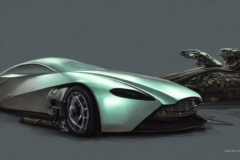 Image similar to a single armored scifi aston martin in the style of bladerunner and alternate car one, car concept, car Design, sid mead, alex ross, intricate Details, concept art, matte painting, highly detailed, rule of thirds, dynamic lighting, cinematic, detailed, denoised, centerd, clean render