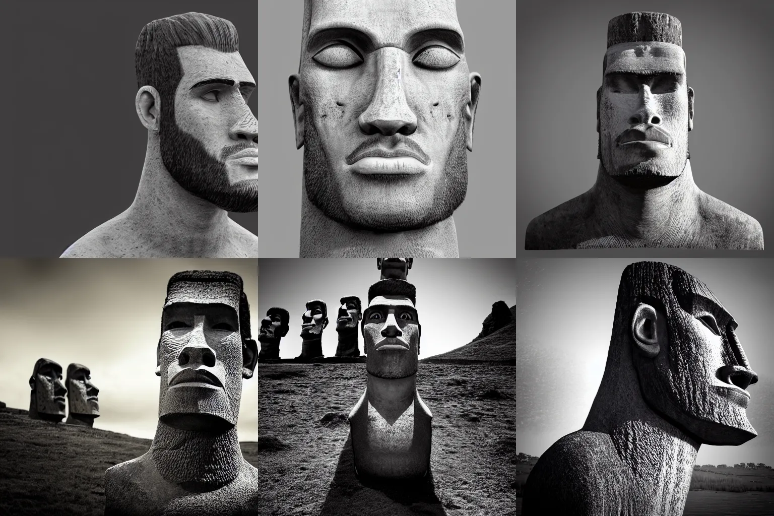 Prompt: Gigachad as an Easter Island head, trending on artstation, unreal engine, artstationHQ, black and white, studio lighting