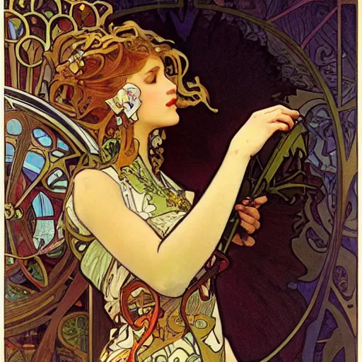 Image similar to art by alphonse mucha, frank gehry, james christensen, john stephens