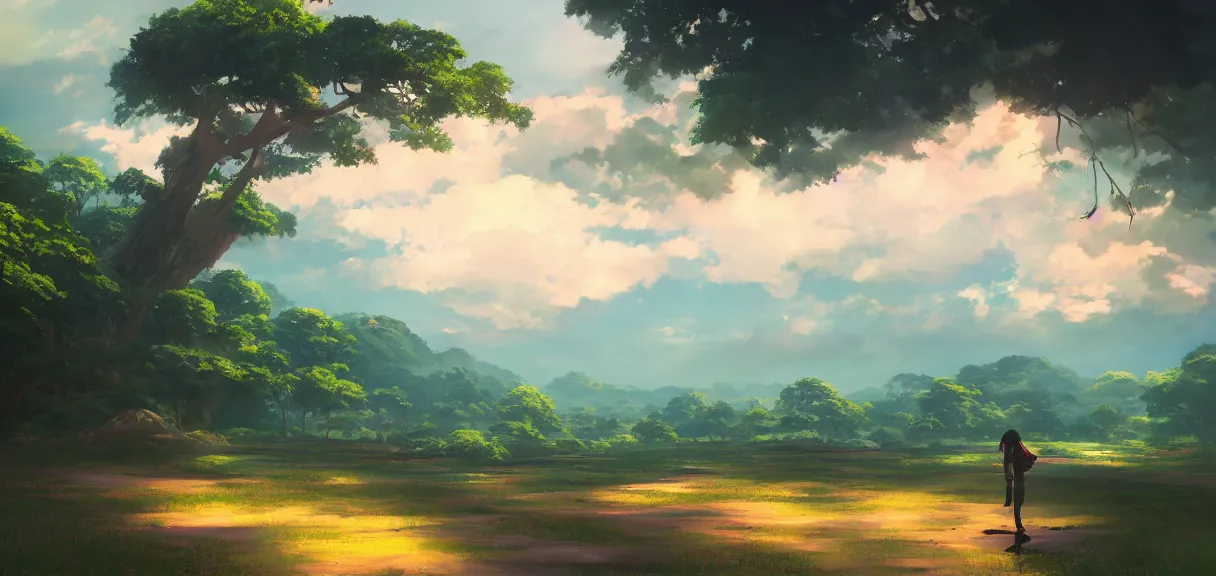 Image similar to vivid anime indonesian landscape by makoto shinkai, beautiful, gorgeous, dramatic lighting, rule of thirds, perfect composition, trending on ArtStation, 8k