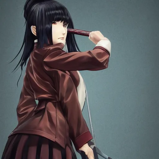 Image similar to portrait of a beautiful! alluring anime woman wearing a 2 0 3 0's stained dirty torn japanese school uniform, gorgeous face, leather bomber jacket, katana scabbard, realistic, hyper detailed, dynamic action poses, concept art, in style of junji ito, hirohiko araki, manga, anime aesthetic